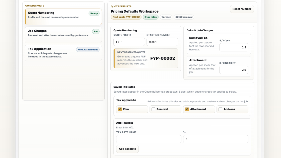 Precision Film Systems Pricing Defaults workspace showing quote numbering, tax settings, removal rates, and attachment charges