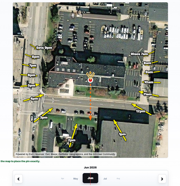 Precision Film Systems Sun Map showing seasonal sun direction and site orientation for an architectural window film job